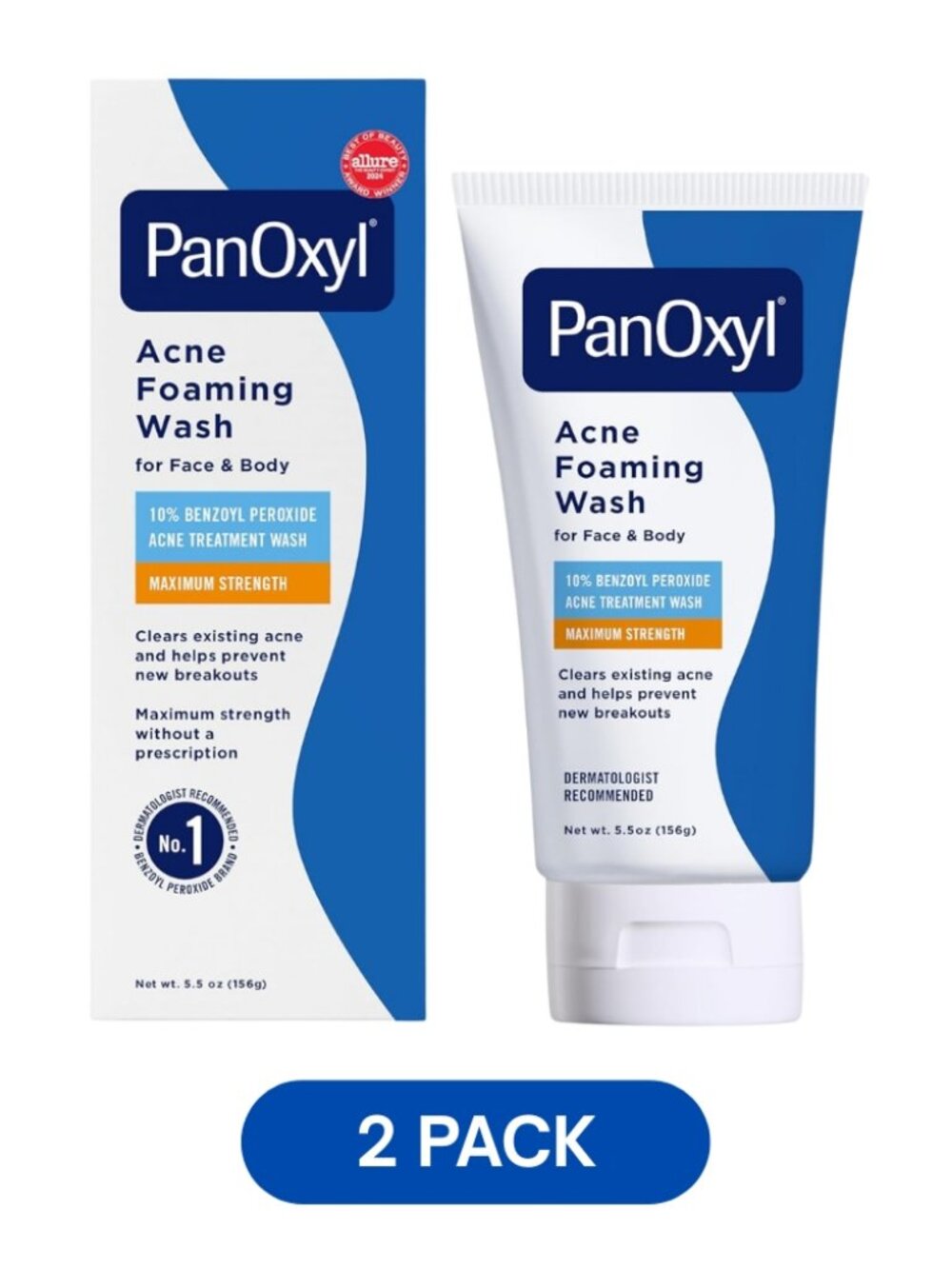 PanOxyl 10% Benzoyl Peroxide Acne Foaming Wash 5.5oz (Pack of 2) Face & Body